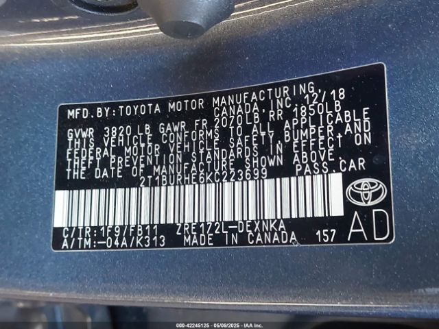 2T1BURHE6KC223699 Toyota COROLLA LE