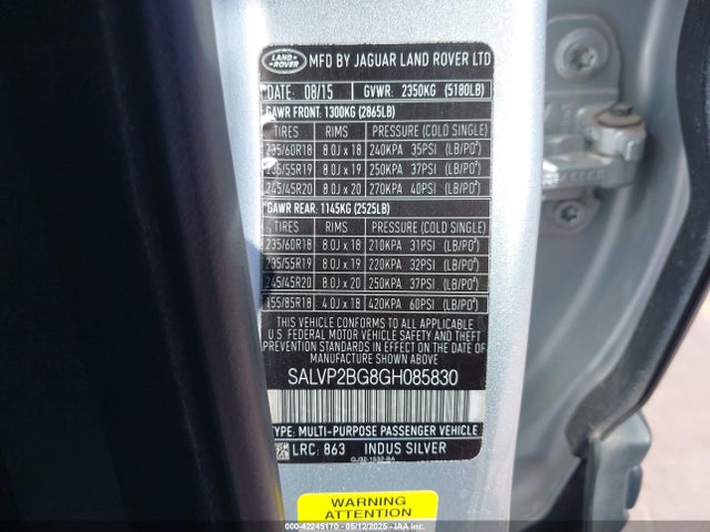 SALVP2BG8GH085830 Land Rover gtdi lev3 sulev30