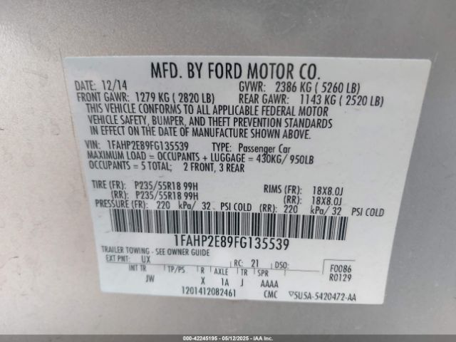 1FAHP2E89FG135539 Ford TAURUS SEL