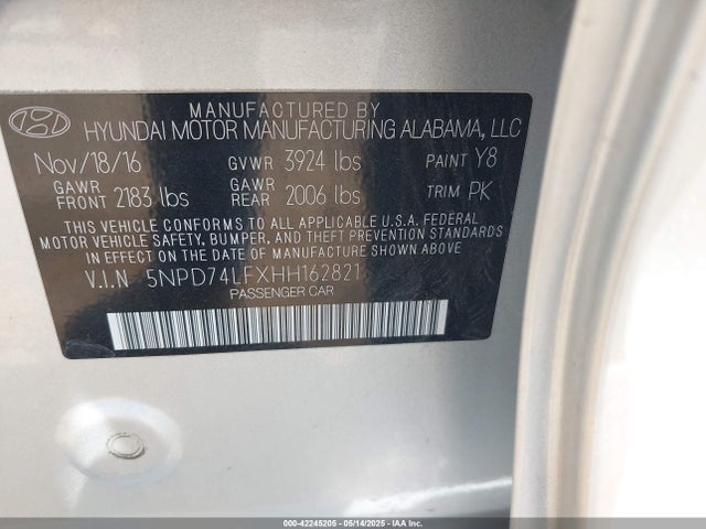 5NPD74LFXHH162821 Hyundai 2017