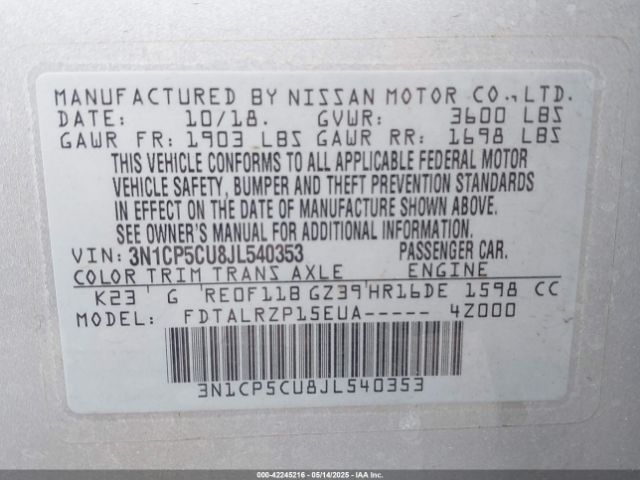 3N1CP5CU8JL540353 Nissan KICKS S