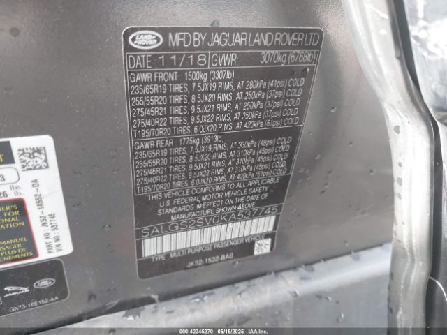 2019 LAND ROVER RANGE ROVER SALGS2SV0KA537745 Photo 8