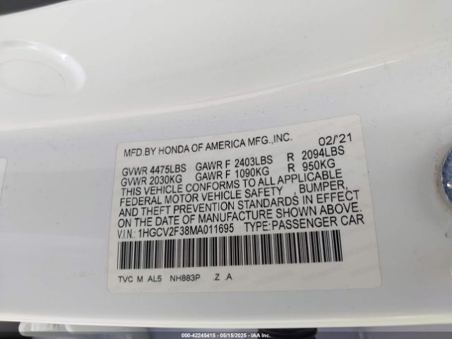 2021 HONDA ACCORD 1HGCV2F38MA011695 Photo 8