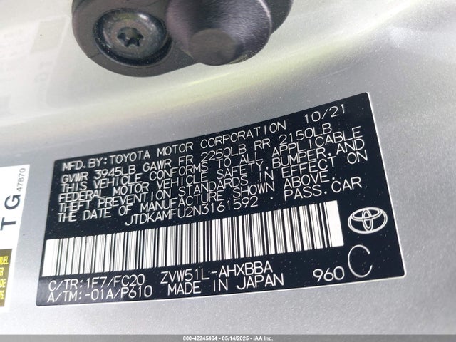 JTDKAMFU2N3161592 Toyota Prius L