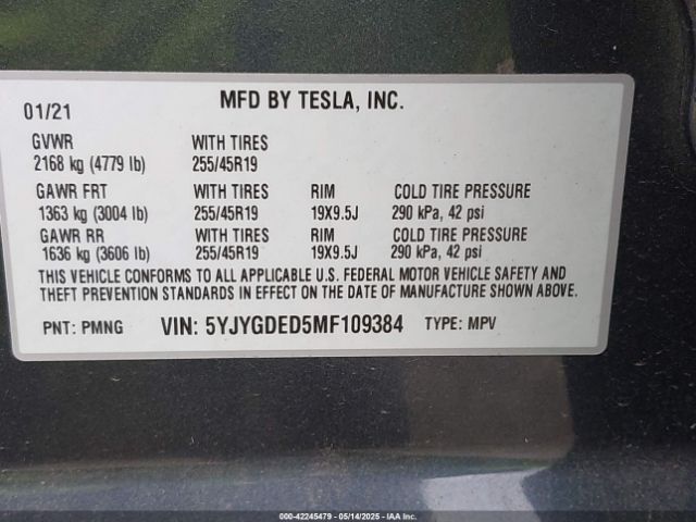 5YJYGDED5MF109384 Tesla Model Y Standard Range Rear-wheel Drive