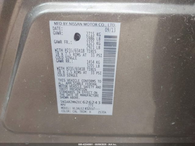 5N1AR2MN2EC626243 Nissan Pathfinder Sv