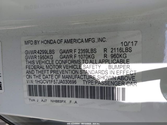 1HGCV1F57JA030696 Honda Accord Ex-l