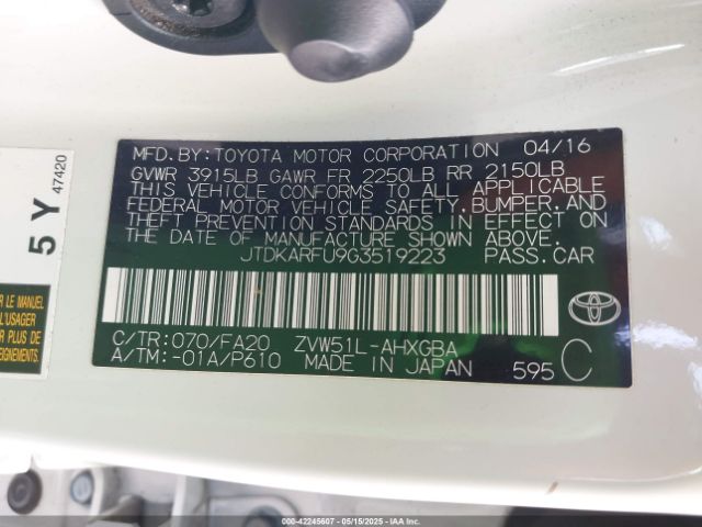 JTDKARFU9G3519223 Toyota Prius Three