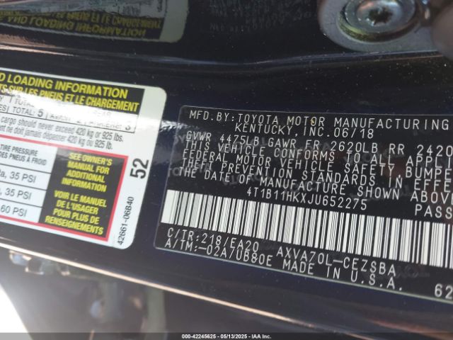 4T1B11HKXJU652275 Toyota CAMRY SE