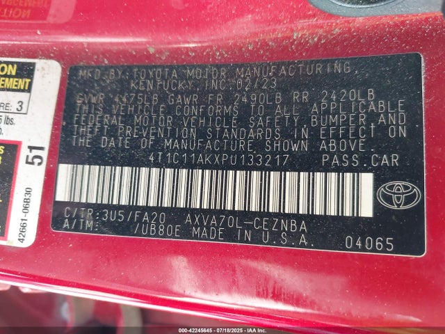 4T1C11AKXPU133217 Toyota a25a-fks