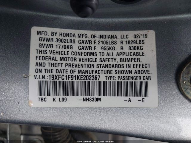 2019 HONDA CIVIC 19XFC1F91KE202367 Photo 8