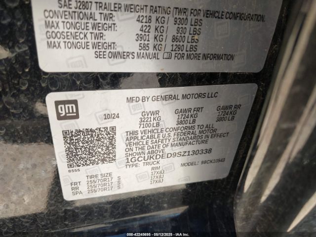 1GCUKDED9SZ130338 Chevrolet Silverado 1500 4wd  Standard Bed Lt