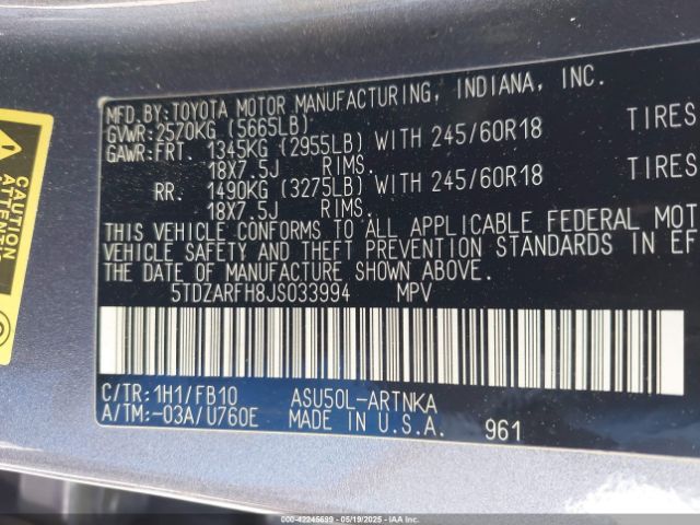 5TDZARFH8JS033994 Toyota Highlander Le