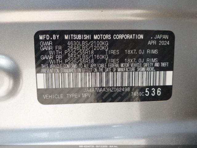 JA4ATWAA3RZ062498 Mitsubishi Eclipse Cross Se S-awc/sel S-awc