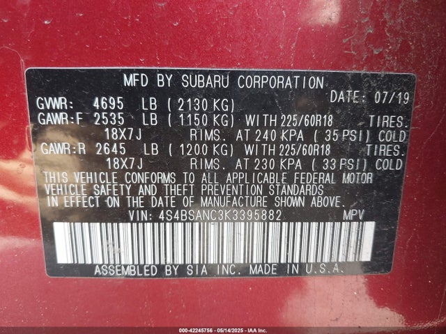 4S4BSANC3K3395882 Subaru Outback 2.5i Limited