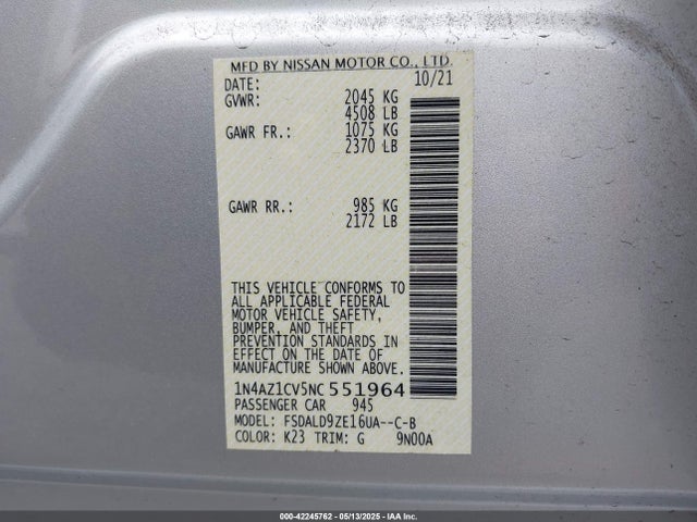 1N4AZ1CV5NC551964 Nissan Leaf Sv 40 Kwh