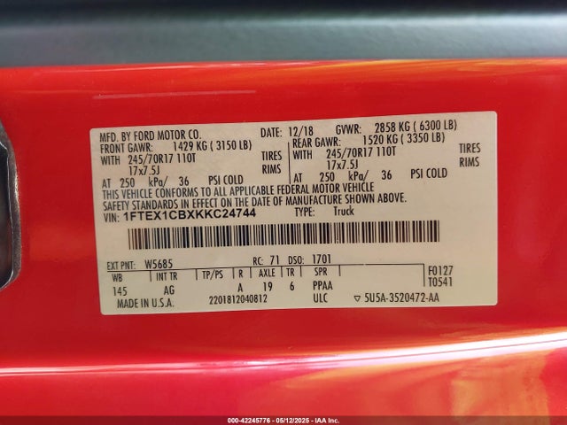 1FTEX1CBXKKC24744 Ford F-150 Xl