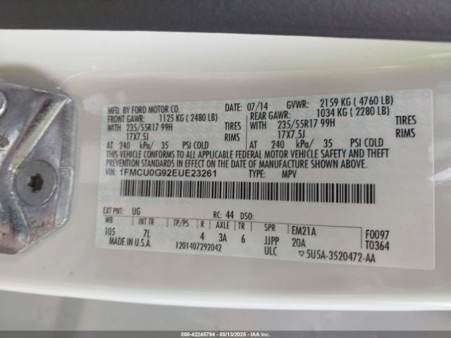 1FMCU0G92EUE23261 Ford ESCAPE SE