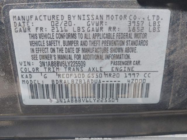 3N1AB8BV6LY225509 Nissan Sentra S Xtronic Cvt