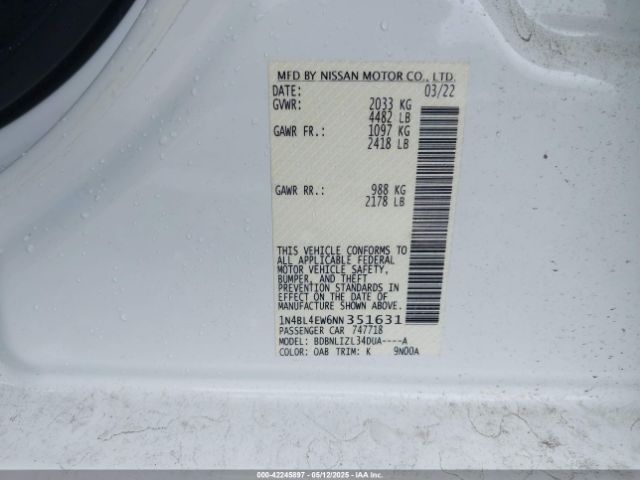 1N4BL4EW6NN351631 Nissan Altima Sl Intelligent Awd