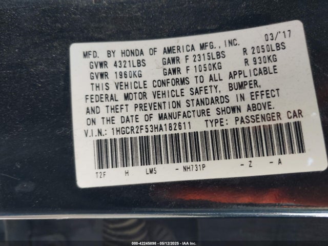 1HGCR2F53HA182611 Honda k24w1