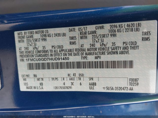 1FMCU0GD7HUD91450 Ford ESCAPE SE