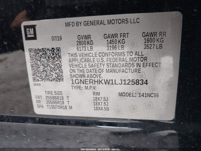 1GNERHKW1LJ125834 Chevrolet Traverse Fwd Lt Leather