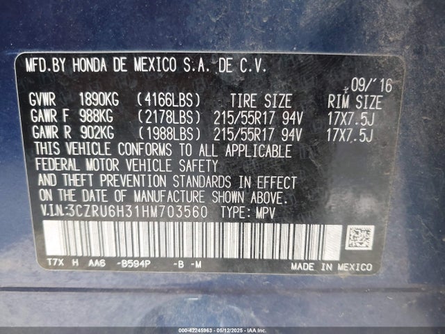 3CZRU6H31HM703560 Honda HR-V LX