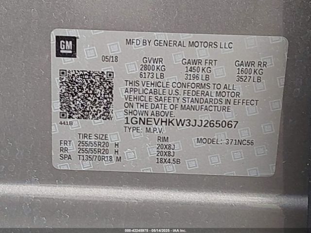 1GNEVHKW3JJ265067 Chevrolet Traverse 3lt