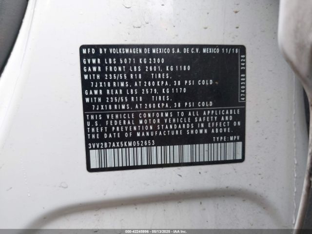 3VV2B7AX5KM052653 Volkswagen Tiguan 2.0t Se/2.0t Sel/2.0t Sel R-line/2.0t Sel R-line Black