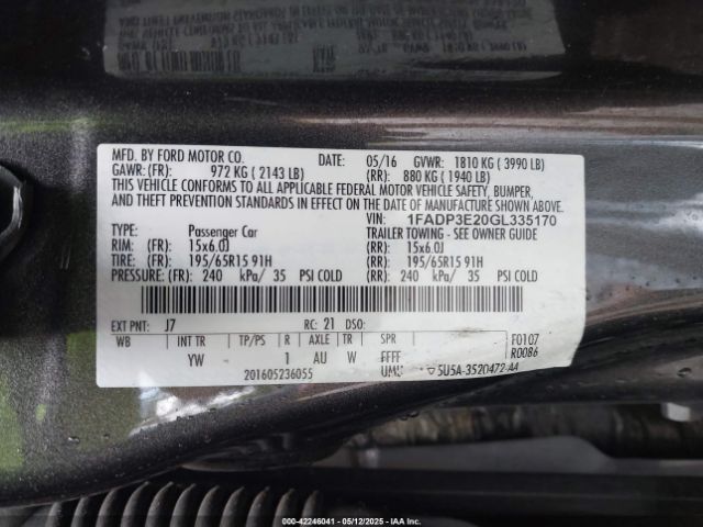 1FADP3E20GL335170 Ford FOCUS S