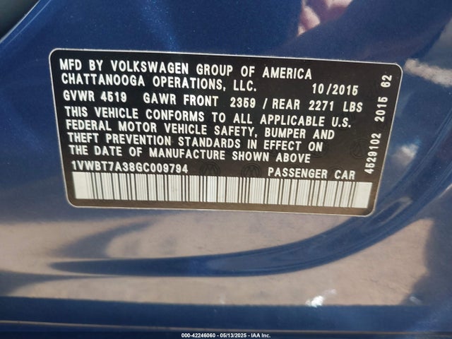 1VWBT7A38GC009794 Volkswagen Passat 1.8t Se