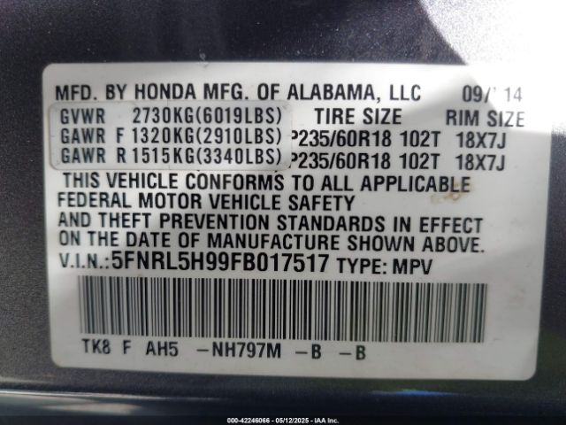 5FNRL5H99FB017517 Honda Odyssey Touring/touring Elite