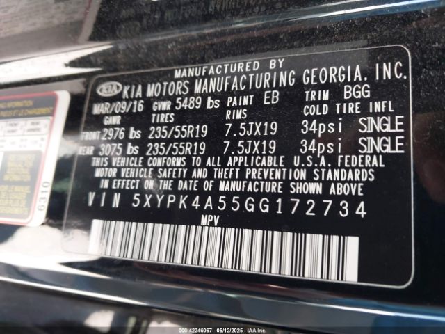 5XYPK4A55GG172734 KIA Sorento 3.3l Sx