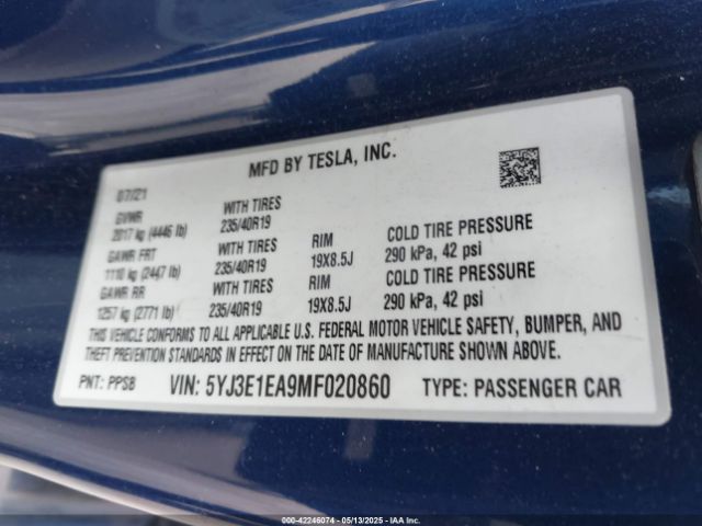 5YJ3E1EA9MF020860 Tesla Model 3 Standard Range Plus Rear-wheel Drive