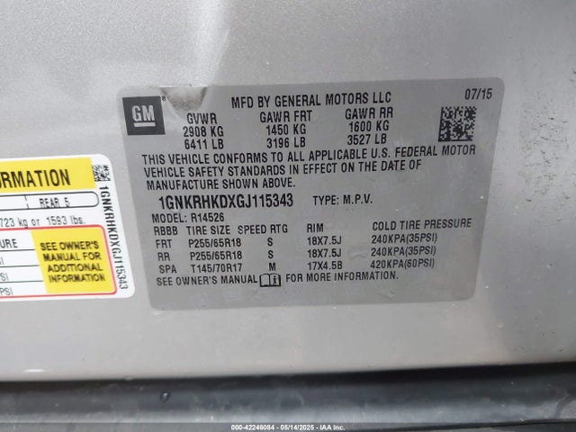 1GNKRHKDXGJ115343 Chevrolet Traverse 2lt