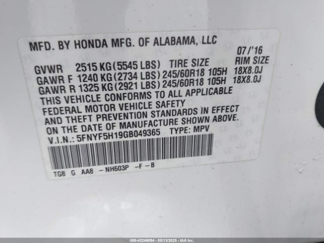 5FNYF5H19GB049365 Honda j35y6