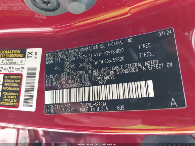 5TDKDRAH8RS547095 Toyota Highlander Xse
