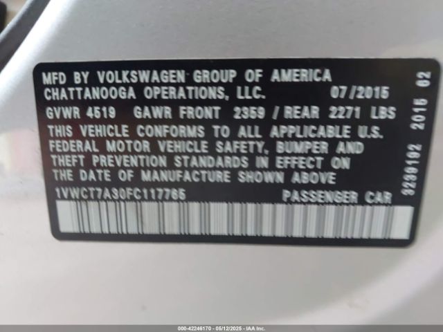 2015 VOLKSWAGEN PASSAT 1VWCT7A30FC117765 Photo 8