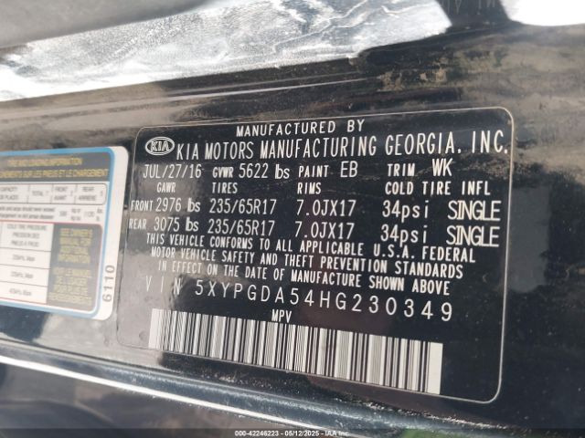 5XYPGDA54HG230349 KIA Sorento 3.3l Lx