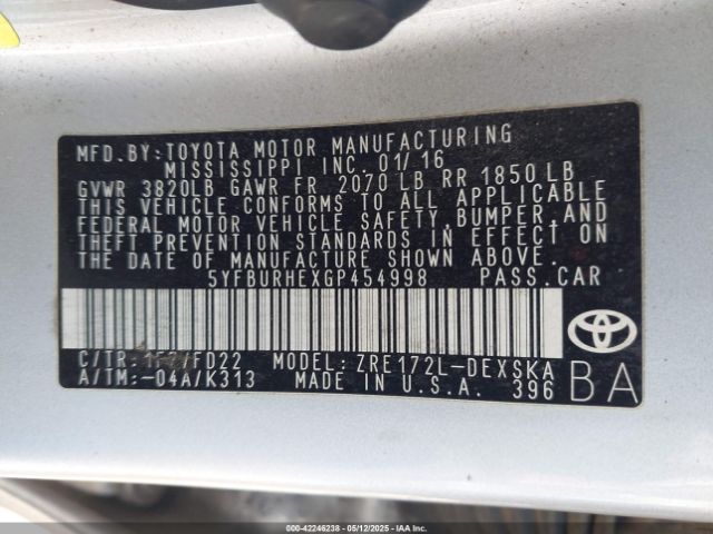 5YFBURHEXGP454998 Toyota Corolla S Plus