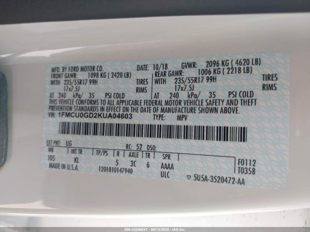 1FMCU0GD2KUA04603 Ford ESCAPE SE