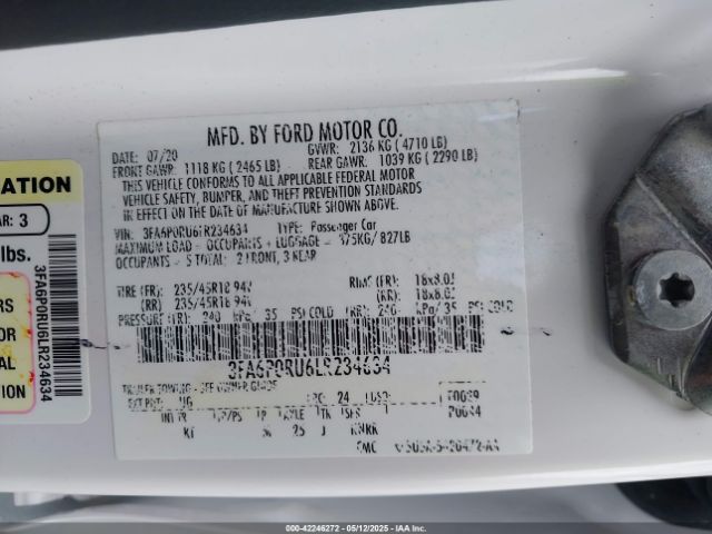 3FA6P0RU6LR234634 Ford Fusion Hybrid Titanium