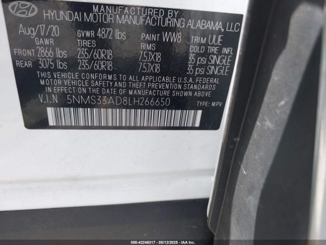 2020 HYUNDAI SANTA FE 5NMS33AD8LH266650 Photo 8