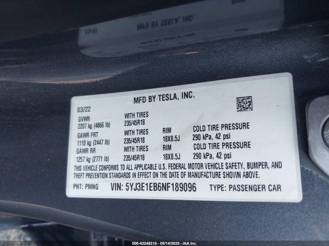 2022 TESLA MODEL 3 5YJ3E1EB6NF189096 Photo 8