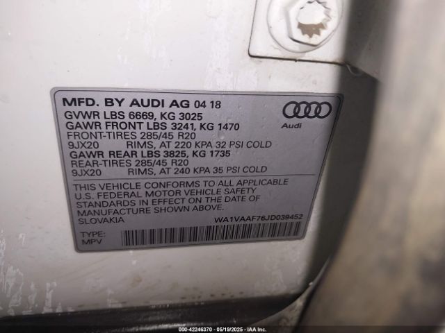 WA1VAAF76JD039452 Audi Q7 3.0t Premium