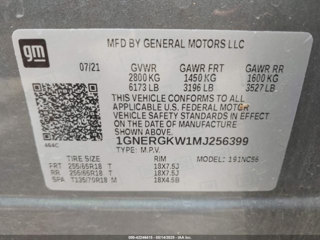 1GNERGKW1MJ256399 Chevrolet Traverse Fwd Lt Cloth