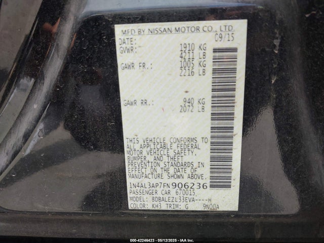 Nissan Altima 2.5 S 2015 1N4AL3AP7FN906236 Image 9
