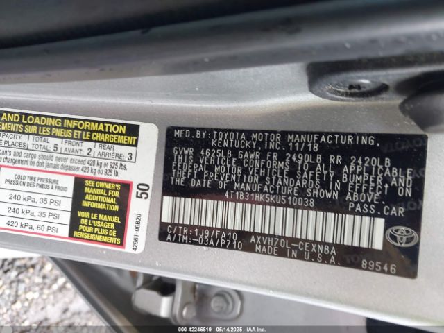 4T1B31HK5KU510038 Toyota Camry Hybrid Le