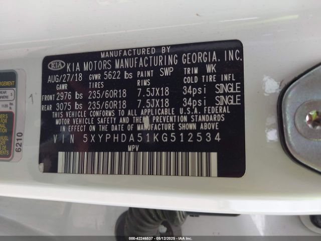 5XYPHDA51KG512534 KIA Sorento 3.3l Ex